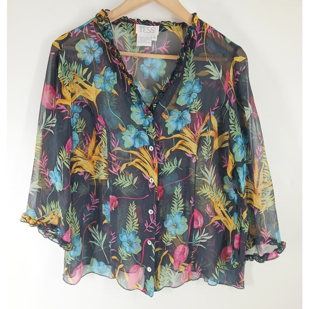 TESS Silk Chiffon Blouse Women 10 Tropical Floral Print Ruffle V-Neck Button Up
